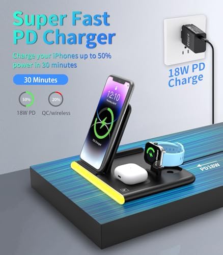 Ultimate 4-in-1 Foldable Wireless Charging Station: Fast Charger for i Phone 11-16, Apple Watch, Air Pods & Galaxy S9-S23 – Portable, Space-Saving Dock with Adapter in Sleek Black for Enhanced Compatibility and Quick Power-Up Solutions
