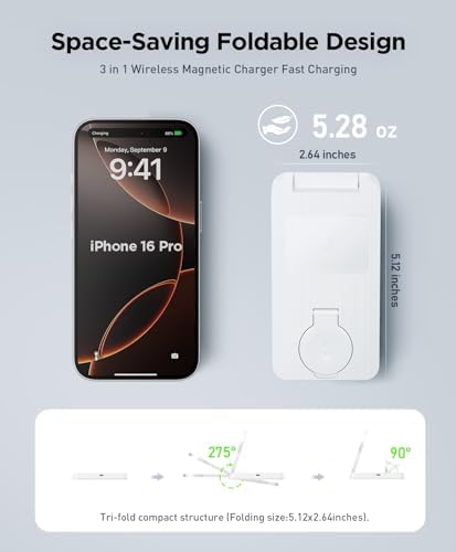 Magnetic 3-in-1 Wireless Charging Station for i Phone 12-16, Apple Watch & Air Pods – Portable Foldable Charger with Fast Charging, Space-Saving Design, and Smart Safety Features for Home, Office, and Travel – Perfect Gift for Tech Lovers
