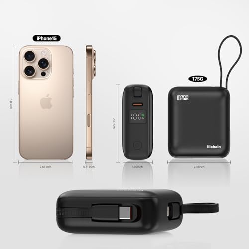 Sleek Gold Portable Power Bank with Built-in Cables and LED Battery Indicator – 10,000 m Ah USB-C Fast Charging Power Pack for i Phone, i Pad, Samsung, and Android Devices – Essential Travel Charger with Intelligent Safety Technology for Ultimate On-the-Go Convenience