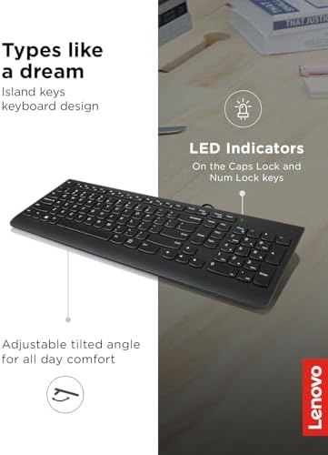 Lenovo 300 USB Wired Keyboard – Ergonomic Full-Size Design with Adjustable Tilt for Ultimate Comfort, Spill-Resistant & Compatible with Windows 7/8/10 – Enhance Your Typing Experience with Reliable Performance and Sleek Black Finish