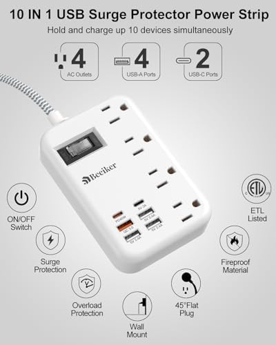 International Travel Power Adapter with 6 USB Ports and 4 AC Outlets – Versatile Plug Converter for European Destinations Including UK, France, Italy, and Germany – Compact 3 ft Extension Cord with Surge Protection for Enhanced Device Safety and Charging Efficiency