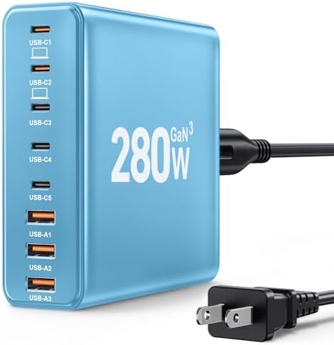Revolutionize Your Charging Routine with the 280 W Ga N USB-C 8-Port Fast Charging Station – Power Up Laptops, Smartphones & More with PD 65 W Compatibility for Mac Book Pro/Air and Dell – Compact & Lightweight Design Perfect for Home, Office, and Travel – Universal Fast Charger for i Phone, Samsung Galaxy & All USB-C Devices