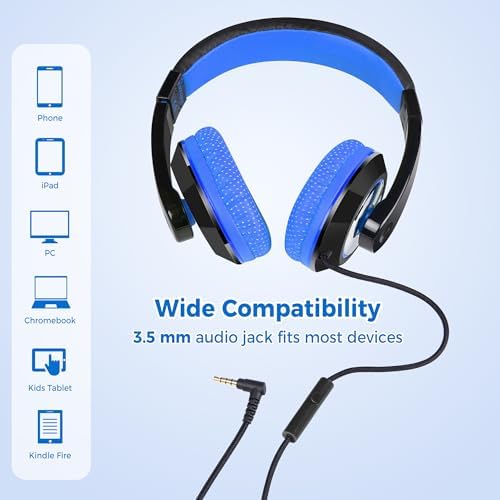 Rockpapa Kids Over-Ear Headphones – Lightweight Wired Audio Gear for School, Travel, and Home – Stylish White and Blue Design for Boys and Girls – Immersive Sound Quality with Adjustable Comfort and Durable Build for Young Audiophiles