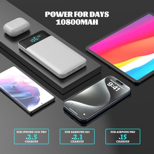Ultra Slim 10800 m Ah Portable Charger with LCD Display – Fast Charging Power Bank with 20 W PD USB-C Output, Ideal for i Phone 15, 14 & Samsung Android – Compact Power Solution for On-the-Go Charging