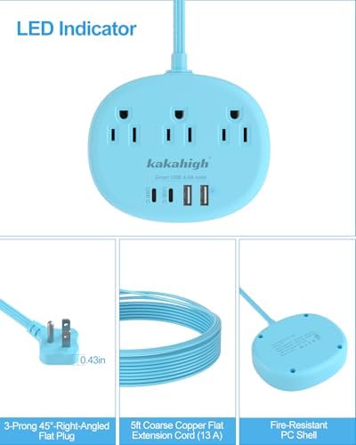Stylish Brown Extension Cord with 1080 J Surge Protection – 5 FT Flat Braided Design Featuring 3 AC Outlets & 4 USB Ports (24 W/4.8 A) for Fast Charging – Ideal Tan Desk Accessory for Powering Devices Safely & Efficiently
