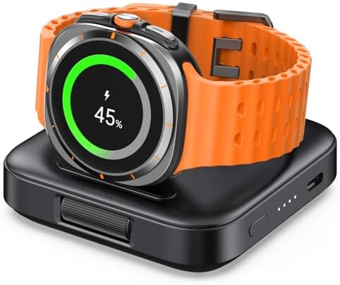 Ultra-Compact Wireless Charger for Samsung Galaxy Watches – 1800 m Ah Power Bank for Series 7, Ultra, 6, 5, 4, 3, Active 2 – Sleek Tech Grey Design for Fast, Cordless Charging Anywhere – Essential Travel Companion for Professionals and Adventurers