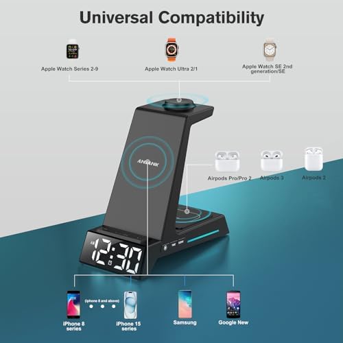 Revolutionize Your Charging Routine with the 4-in-1 Wireless Charging Station Featuring Alarm Clock – Ideal Dock for i Phone 16, 15, 14, 13, 12, 11, X, 8, Air Pods 3/Pro & Apple Watch Series 9-2 – Ultimate Speed & Compatibility for Modern Devices