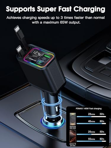 Ultimate 107 W Fast Charging Retractable Car Charger with Built-in Lightning & USB-C – Superior Compatibility for i Phone 16/15/14, Samsung S24/S23/S22, Pixel 9/8/7 – Sleek Black Design for Organized Travel and Efficient Power Solutions
