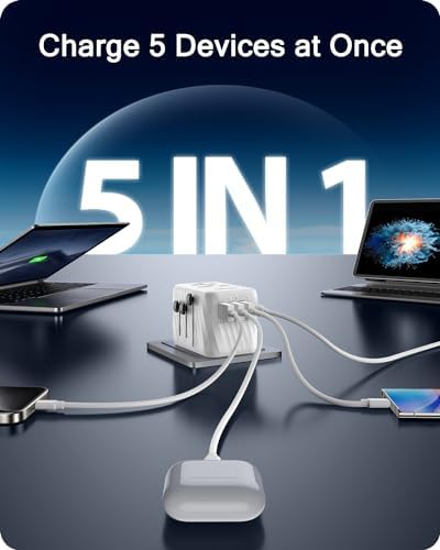 LENCENT 85 W Universal Travel Adapter with Retractable USB-C Cable – High-Speed International Plug Converter Featuring 3 Type-C & 1 USB-A Ports for Effortless Worldwide Charging – Your Ultimate Travel Essential for Maximum Compatibility, Fast Charging, and Ga N Technology Efficiency