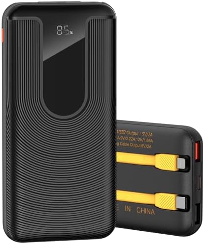 Ultra-Slim 10,000 m Ah Portable Power Bank with Built-In Cable and LED Display – 22.5 W Fast Charging Multi-Device Charger for i Phone, Samsung, Android & i Pad – Essential Travel Battery Pack in Sleek Black Finish