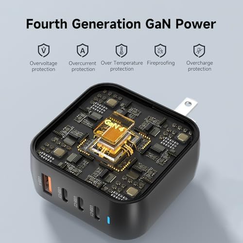Ultra-Fast 100 W Ga N II Compact Wall Charger – 4-Port Charging Hub with 3 USB-C PD3.0 and 1 USB-A QC4.0 for Mac Book Pro 16” M3, i Phone 15 Pro, Samsung S24 Ultra | UL Certified Power Adapter for Safe, Efficient Multi-Device Charging on the Go