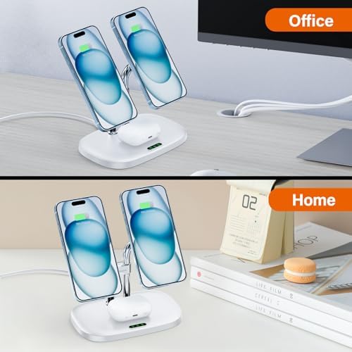 Revolutionary Dual Magnetic Wireless Charger for i Phone 16, 15, 14, 13, 12 & Air Pods Pro 2 – Ultra-Fast Charging Station with Enhanced Compatibility & Sleek Design (White) – Simplify Your Charging Experience with Secure Magnetic Alignment and Cable Clutter Reduction