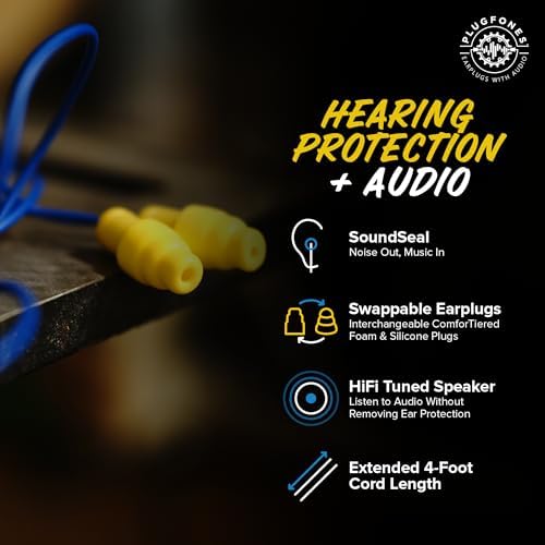 Plugfones Guardian Hybrid In-Ear Headphones with 29 d B Noise Reduction – OSHA Compliant Earplug Earbuds for Ultimate Hearing Protection and Superior Sound Quality – Includes Waterproof Case (Blue & Orange) for Easy Portability and Enhanced Durability