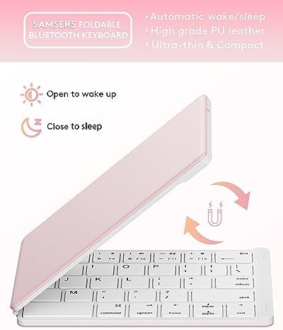 Samsers Portable Foldable Bluetooth Keyboard – Ultra Slim Wireless Keyboard with Stand for i OS, Android & Windows Devices – Rechargeable Multi-Device Travel Keyboard for Effortless Typing on the Go – Sleek Black Design