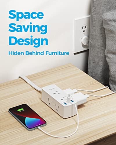 Olcorife Slim Profile Flat Extension Cord Power Strip with 6 Versatile Outlets and 3 Fast-Charging USB Ports, 2000 Joules Surge Protection, 5 FT Space-Saving Cord for Organized Power Solutions in Tight Spaces and Modern Environments