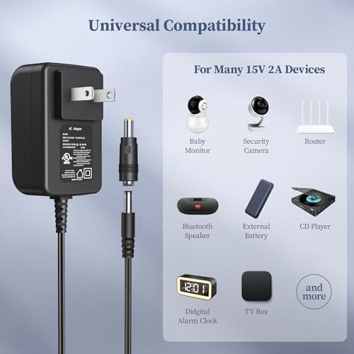 Universal 15 V 2 A Regulated Power Supply Adapter – High-Efficiency 30 W AC to DC Charger with 10 Interchangeable Connectors, UL Listed for Superior Safety and Versatility, Global 100-240 V Input for Home and Office Use