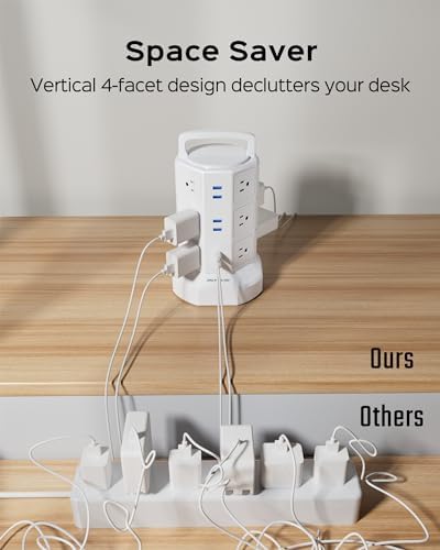 JACKYLED Power Strip Tower Surge Protector with 12 Outlets and 6 USB Ports (2 USB-C) – High-Speed Charging Station with 1050 Joules Protection, 1625 Watts, 6.5 ft Extension Cord for Enhanced Home Office Efficiency and Device Safety
