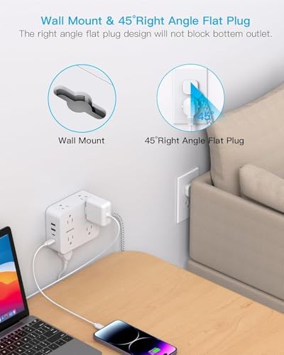 HANYCONY 15 Ft Extension Cord Power Strip with 8 AC Outlets & 4 USB Ports (2 USB-C) – 1080 J Surge Protector for Enhanced Safety, Wall Mountable Desk Charging Station for Home Office & College Dorm Essentials