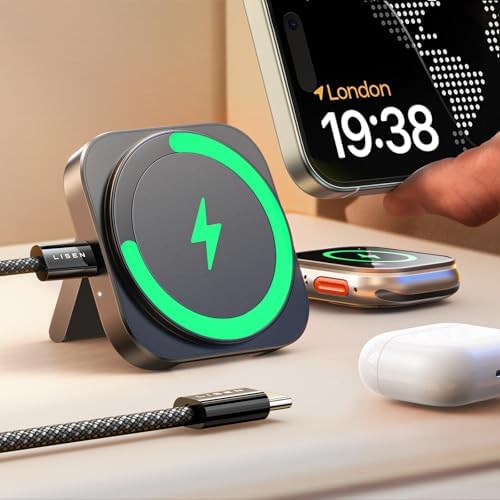 LISEN Mag Safe Charger Stand – Ultimate Wireless Charging Solution for i Phone, Apple Watch & Air Pods – Travel-Friendly Minimalist Design with Enhanced Compatibility & Speed – Durable Non-Slip Base for Secure Charging – Perfect for Home, Office & On-the-Go