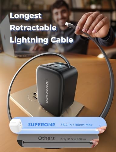 Revolutionize Your Charging Routine with the SUPERONE 3-in-1 USB C Charger Block – 58 W Fast Retractable Wall Charger for i Phone 16/15/14/13/12/11 and i Pads, Featuring 35.4-inch Tangle-Free Cable for Ultimate Portability and Enhanced Device Compatibility