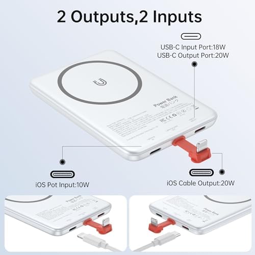 Ultra-Slim Magnetic Power Bank 5000 m Ah – PD 20 W Fast Charging Portable Charger with Built-in USB-C Cable for i Phone 15/16 & Samsung Android – Compact Travel Battery Pack for Effortless Power On-the-Go