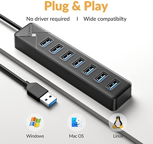 Boost Your Connectivity with the PG7 U 7-Port USB 3.0 Hub – High-Speed Multiport Docking Station for PCs, PS4, PS5, Xbox & More – 5 Gbps Data Transfer, USB-C Power Input, and 3.3 ft Cable for Ultimate Flexibility – Sleek Black Design Perfect for Gaming and Workstations