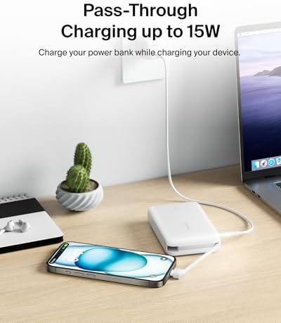 Belkin 10,000 m Ah Portable Charger – Fast Charge Power Bank with Integrated Cable for i Phone 16, i Pad Pro, Galaxy S25 – 20 W USB-C Power Delivery – Lightweight Pink Design for Ultimate Portability and Versatile Compatibility