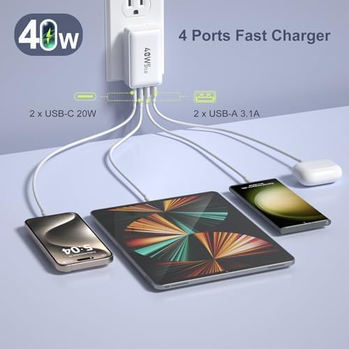 Excgood 40 W Multi-Port USB C Charger Block – 4-Port Fast Charging Wall Adapter with Dual PD & QC Technology, Compact Foldable Design for Travel, Compatible with i Phone 16/15 Pro Max/14/13, i Pad, Galaxy S23 – Sleek Black Finish, 2-Pack for Ultimate Device Compatibility and Efficiency
