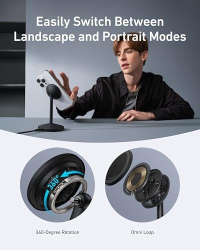 Anker Mag Go i Phone 16 Mag Safe Charger Stand – 15 W Fast Magnetic Wireless Charging Station with Qi2 Certification, 360° Device Compatibility & Sleek Design for i Phone 16/15/14/13/12 Series & Air Pods (Includes 25 W Adapter) – Elevate Your Charging Experience Today!