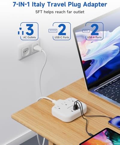 Ultimate Universal Travel Plug Adapter with PD30 W Fast Charging Hub – 3 Multi-Port Connectivity for International Travel, Featuring Dual USB-C & USB-A Outputs, 3 ft Extension Cord for Effortless Power in EU, US, UK, France & Spain – Perfect Solution for Global Adventurers Seeking Reliable Charging Options