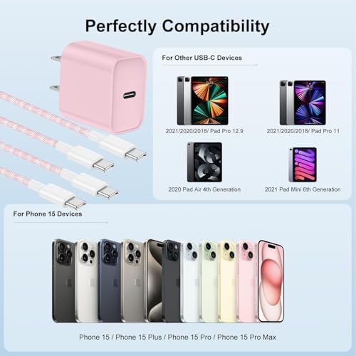 Elevate Your Charging Experience: 20 W USB-C Fast Charging Kit for i Phone 15 & 16 – 2 Pack Wall Adapter with 6 FT Cables – Stylish Pink Design for i Phone 16 Pro Max, 15 Pro Max & i Pad Pro – Enhanced Compatibility & Rapid Power Delivery