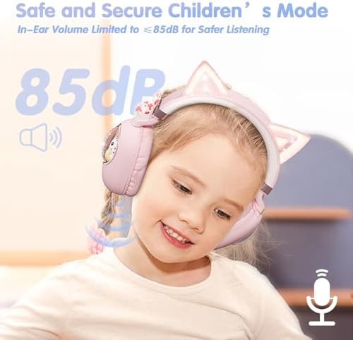 Bluetooth Cat Ear Kids Headphones – Wireless & Wired Over-Ear Noise Cancelling with Microphone, LED Lights, 85 d B Volume Limit for Safe Listening – Ideal for Travel & Home Use, Ultimate Comfort & Compatibility