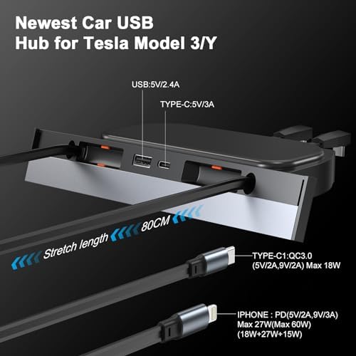 Revolutionize Your Tesla Model 3 and Model Y with Our Waterproof USB Hub – Fast Charging Docking Station for 2021-2024 Models, Multi-Port Design for Effortless Device Connectivity, Perfect Fit for Center Console (Excludes Model 3 2024) – Superior Durability and Seamless Power Solutions for Tesla Enthusiasts