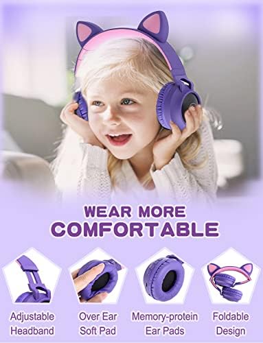 Vibrant Cat Ear Wireless Bluetooth Headphones for Kids and Teens – Fun LED Light-Up Design, Foldable Portability for Travel and Gaming – Superior Comfort for Long Listening Sessions on i Pads and Smartphones (Purple)