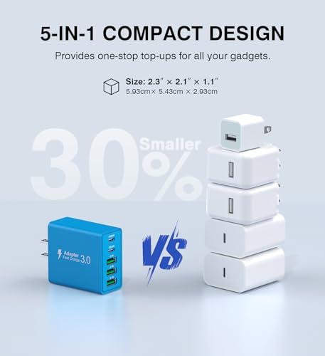 50 W Dual Type C Fast Charging Power Adapter 2-Pack – High-Performance USB-C Charger for i Phone, Samsung, i Pad, and Nintendo Switch – 5-Port Multi-Device Charger for Home and Travel – Compact, Safe, and Reliable Charging Solution
