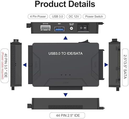 Universal USB 3.0 & Type C to SATA IDE Adapter for HDD/SSD – Ultimate Data Recovery and Transfer Solution with 12 V Power Supply for 2.5″ & 3.5″ Drives – Fast, Reliable, and Portable Data Management Tool for Tech Enthusiasts