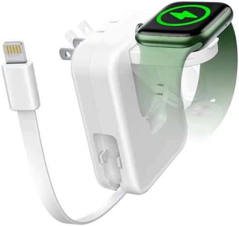 Compact 2-in-1 Apple Watch and i Phone Charger Block with Retractable Cable – Travel-Friendly Wall Adapter for Enhanced Efficiency and Compatibility – Fast Charging Power Solution in Sleek Black Design