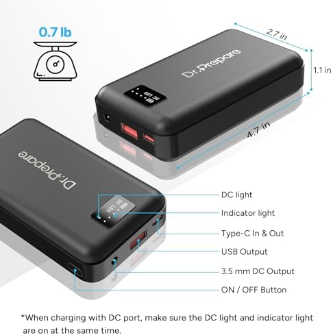 Dr.Prepare 16000 m Ah High-Capacity Portable Battery Pack with 7.4 V DC Output – Fast-Charging Power Bank for Heated Vests, Eye Masks, i Phones, i Pads & Desk Fans – Compact Design for Outdoor Adventures and Everyday Use