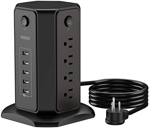 10 ft NTONPOWER Power Strip Tower with 8 Outlets & 5 USB Ports – Premium Surge Protector with Individual Switches, 1080 Joules Protection, 13 A Circuit Breaker – Ideal for Home Office & Entertainment Setup, Sleek Black Design for Ultimate Convenience