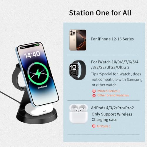Revolutionize Your Charging Routine with the 3-in-1 Mag Safe-Compatible Charging Station – Fast Wireless Charger for i Phone 12-16 Series, Air Pods, and Apple Watch – Sleek, Compact Design with Enhanced Safety Features for Home and Office Use