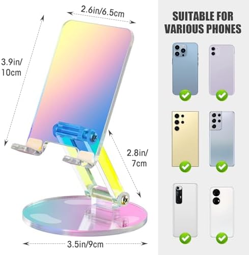Tomorotec Adjustable Angle Acrylic Cell Phone Stand for Desk, Foldable Acrylic Phone Holder Cute for Office, Portable Non-Slip Desktop Smartphone Holder, Fit for iPhone Samsung Galaxy (Iridescent) – Enhanced Compatibility and Speed