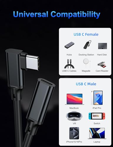 10 FT 90 Degree Right Angle USB C Male to Female Extension Cable – High-Speed USB 3.1 Gen 2, 10 Gbps Data Transfer, 100 W Power Delivery, 4 K Video Ready, Ideal for Mac Book Pro, i Pad Pro, Nintendo Switch, Dell XPS, Surface Go, PSVR2, and i Phone 15 – Ultimate Flexibility and Enhanced Durability for All Your Device Connections