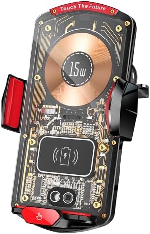 Revolutionary 15 W Fast Wireless Car Charger Mount & Phone Holder – Effortless Auto Clamping with 360° Rotating Ball Joint for Unmatched Viewing Angles – Secure Air Vent Clamp Compatible with i Phone 16/15/14/13/12/11/10 & Samsung Galaxy Series – Transparent Design for Aesthetic Appeal and Enhanced Stability