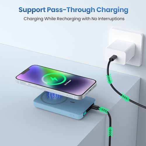 Ultra-Slim Magnetic Portable Charger 10800 m Ah Power Bank with LCD Display – Fast 20 W PD USB-C Input/Output, Wireless Charging for Mag Safe-Compatible i Phones Including 16/15/14/13 Series – Lightweight Travel Essential for On-the-Go Power