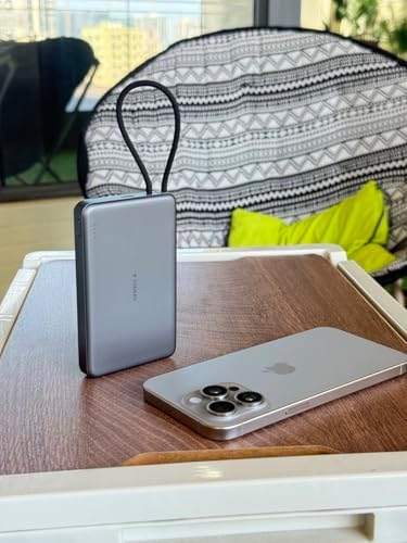 Ultra-Slim TORRAS 10,000 m Ah Power Bank with Built-in USB-C Cable – Lightweight Portable Charger for i Phone 16/15 & Samsung S24 Ultra, 22.5 W Fast Charging, Durable Design for Travel and Outdoor Use – Glacier Grey, Enhanced Safety & Dual Device Charging