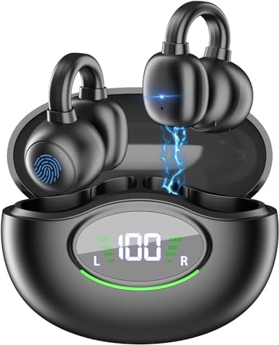 Premium Bluetooth 5.3 Clip-On Wireless Earbuds – Noise Cancelling Waterproof Headphones with 80-Hour Battery Life, 4 HD Mics for Crystal-Clear Calls, Perfect for Sports, Travel, and Office Use – Exceptional Comfort & Sound Quality for Android & i OS (Black)