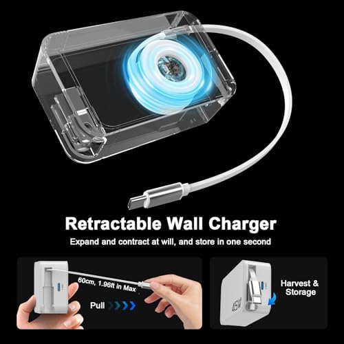 45 W Retractable Wall Charger with Type-C Cable – Fast USB-C Power Delivery for i Phone 16/15 Pro Max, i Pad Pro, Galaxy, and Pixel – Compact Travel Charger with Foldable Plug for Tangle-Free Convenience and Enhanced Compatibility