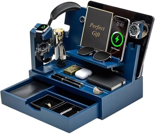 Nightstand Organizer for Men with Large Drawer, Birthday Gifts for Men, Phone Docking Station, Bedside Organizer for Nightstand for Apple Watch, Laptop (Brown, Solid Wood) – Enhanced Compatibility and Speed