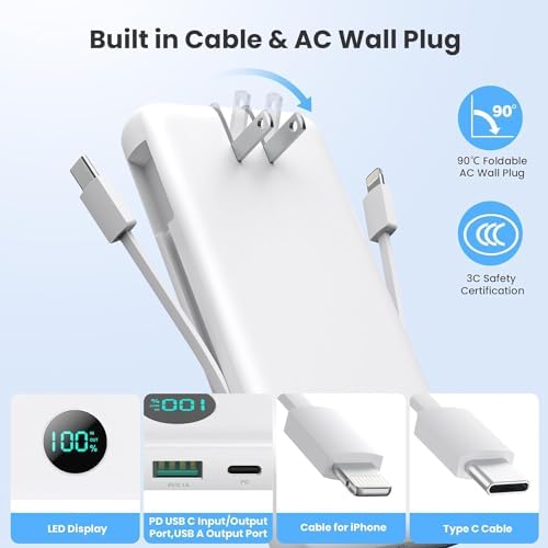 Ultimate USB C Power Bank with Dual Built-in Cables & AC Wall Plug – 13,800 m Ah Fast Charging Powerhouse for i Phone 16/15, Galaxy S23, Tablets – Compact LED Display, Universal Compatibility for On-the-Go Power Solutions