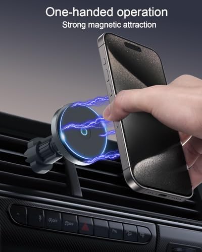 Magsafe Car Charger Mount，【Equipped with Round Air Vent Stabilizer】 Car Vent Phone Holder ，Magnetic Car Wireless Charger for iPhone 16 Pro Max/16/15/14/13/12，Black – Enhanced Compatibility and Speed